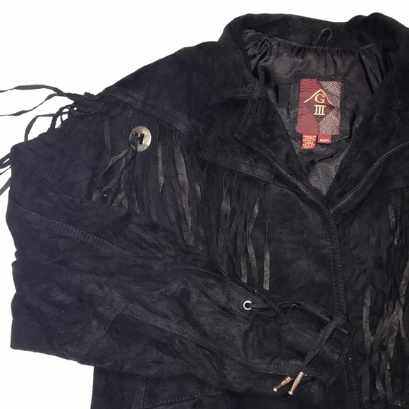 GIII Leather Fringed Jacket Black Size Medium Western Show Jacket - Picture 4 of 11